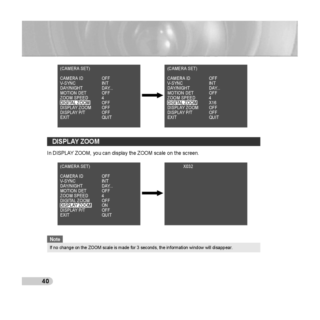 Samsung C6435(P), SCC-C6433(P) manual Display Zoom, Display ZOOM, you can display the Zoom scale on the screen 