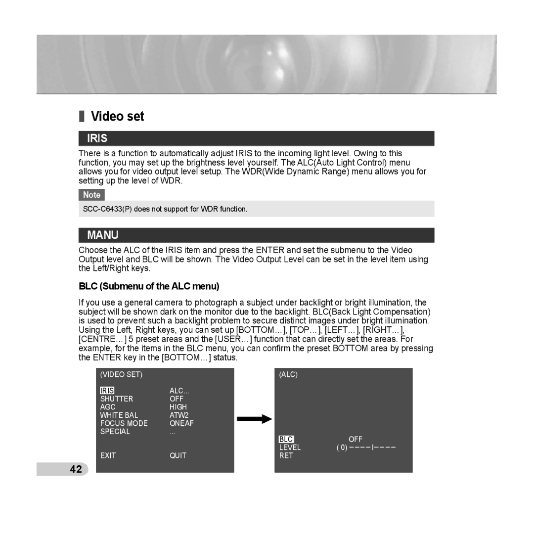 Samsung C6435(P), SCC-C6433(P) manual Video set, Iris, Manu 