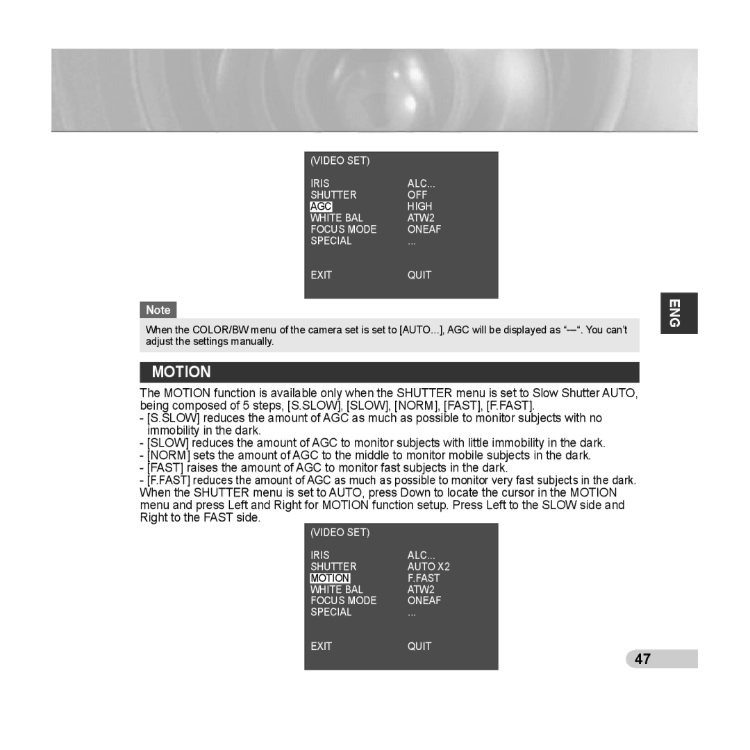 Samsung SCC-C6433(P), C6435(P) manual Motion, White BAL ATW2 Focus Mode Oneaf Special Exit Quit 