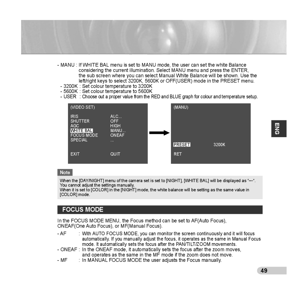 Samsung SCC-C6433(P), C6435(P) manual Focus Mode, Exit Quit RET 