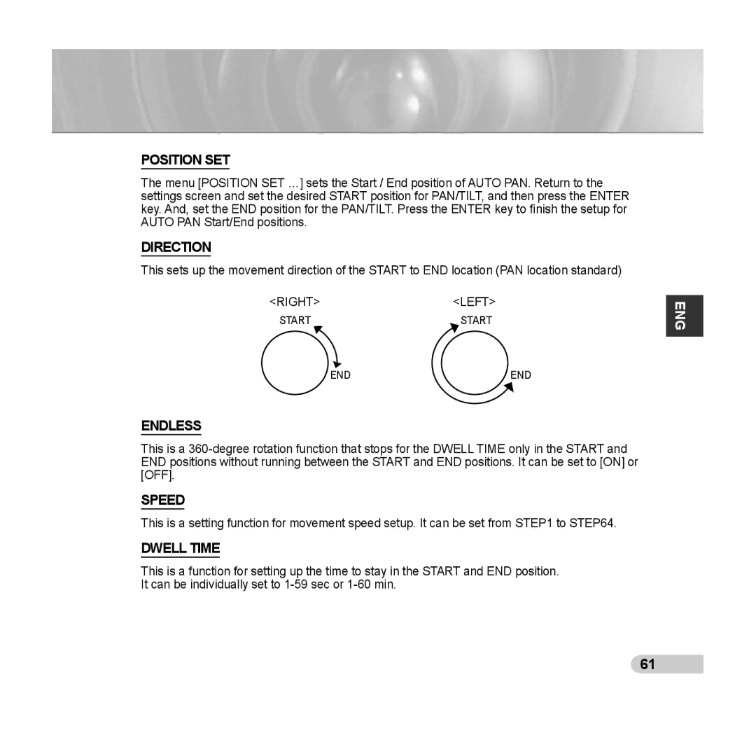 Samsung SCC-C6433(P), C6435(P) manual Direction, Endless, Speed 