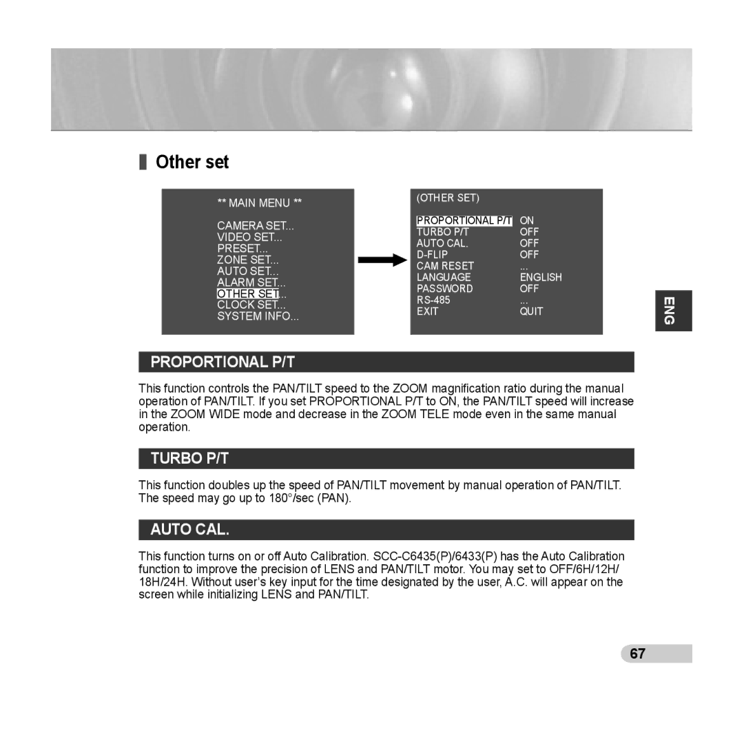 Samsung SCC-C6433(P), C6435(P) manual Other set, Proportional P/T, Turbo P/T, Auto CAL 