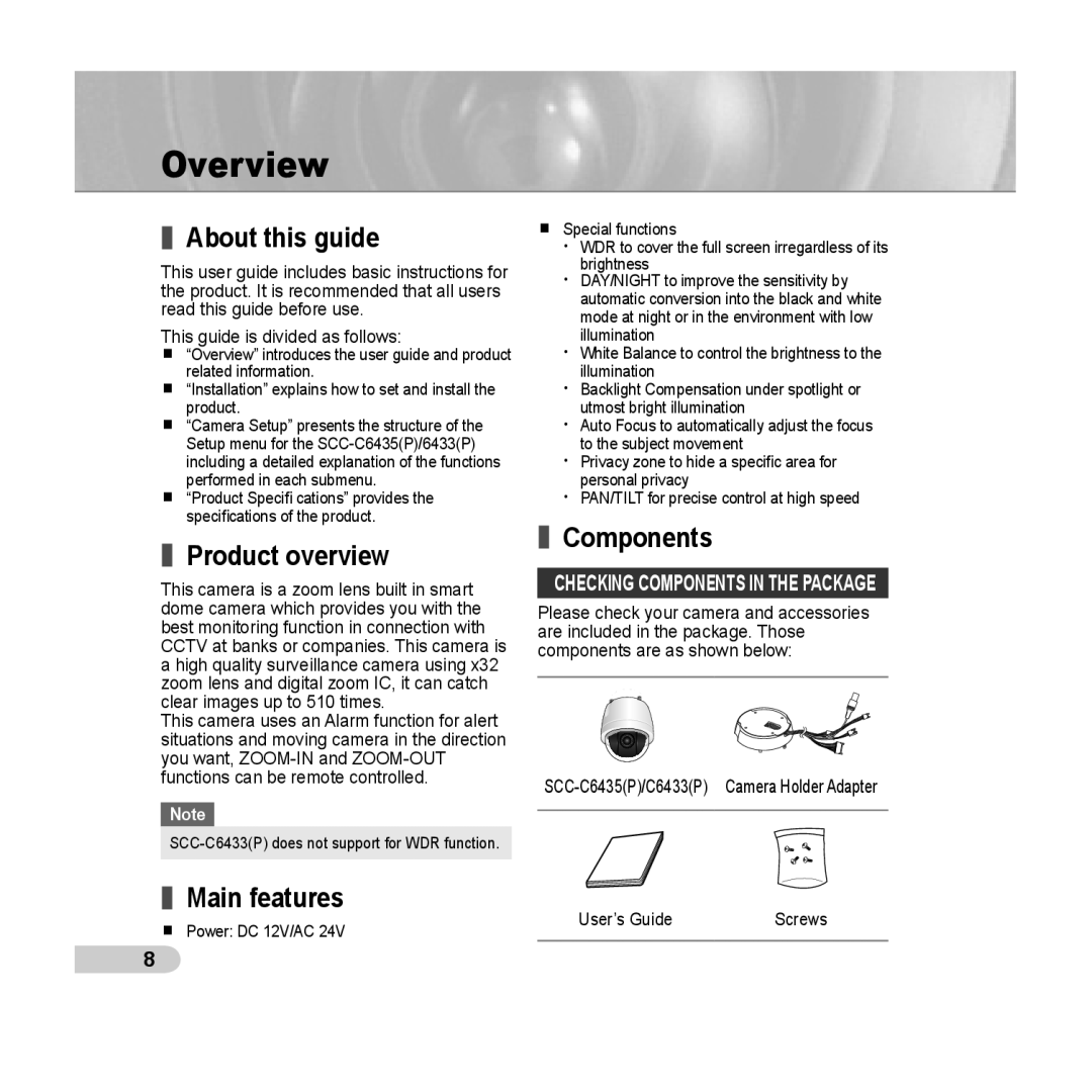 Samsung C6435(P), SCC-C6433(P) manual Overview, About this guide, Product overview, Main features, Components 