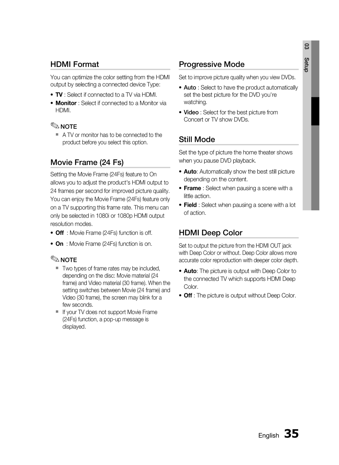 Samsung C6600 user manual Hdmi Format, Movie Frame 24 Fs, Progressive Mode, Still Mode, Hdmi Deep Color 