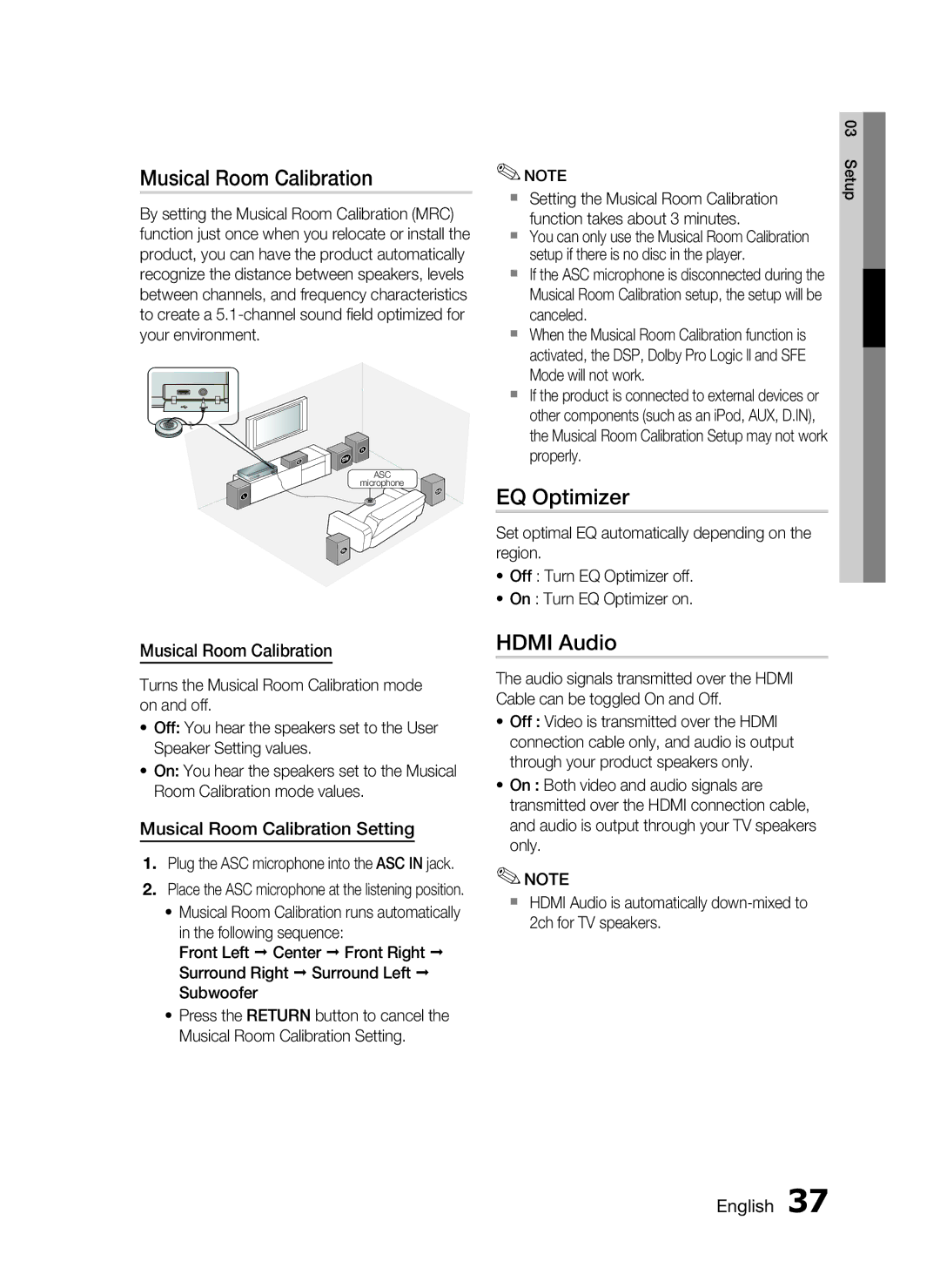 Samsung C6600 user manual EQ Optimizer, Hdmi Audio, Musical Room Calibration Setting 