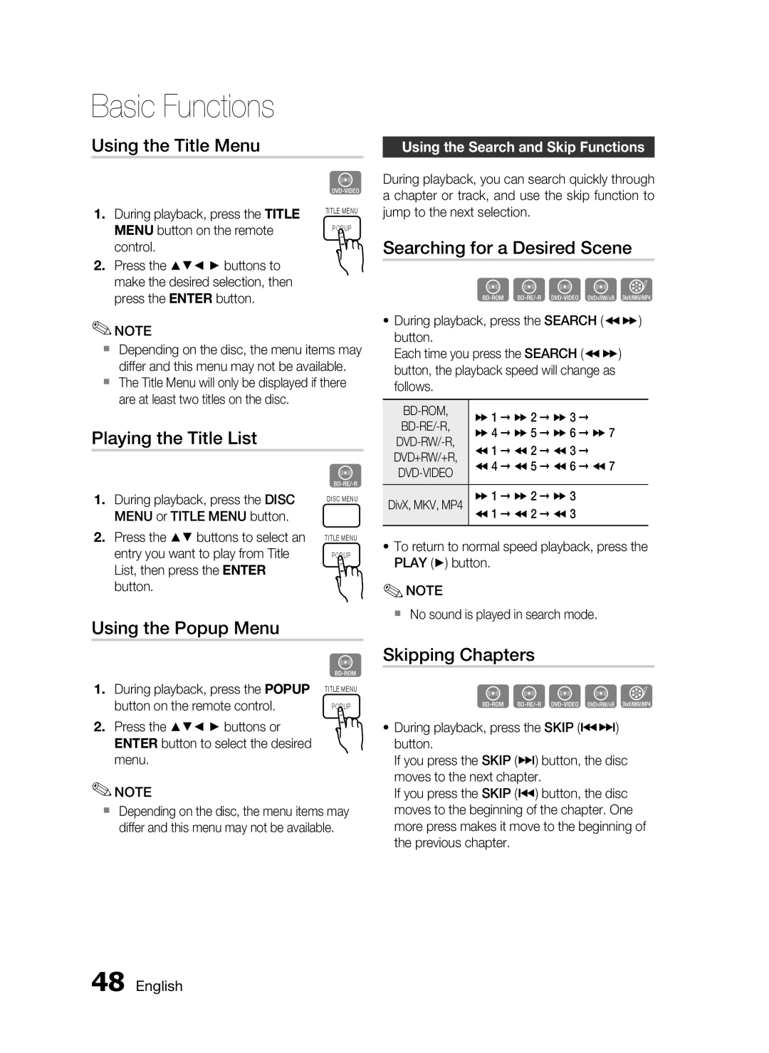 Samsung C6600 user manual Using the Title Menu, Playing the Title List, Using the Popup Menu, Searching for a Desired Scene 