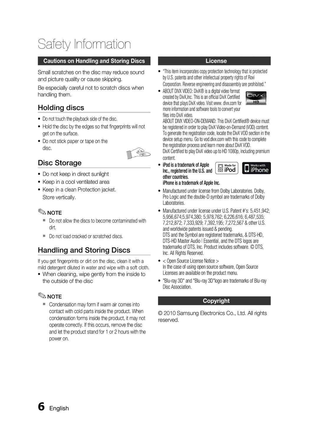 Samsung C6600 user manual Holding discs, Disc Storage, Handling and Storing Discs, License, Copyright 