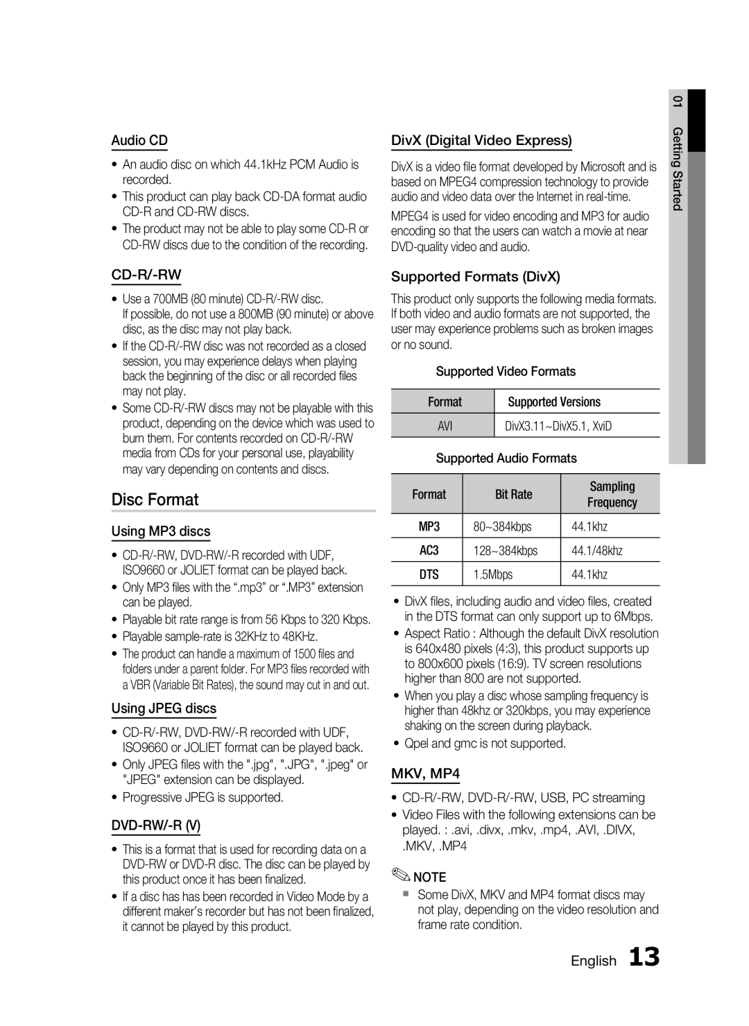 Samsung C6600 Disc Format, Audio CD, DivX Digital Video Express, Cd-R/-Rw, Using MP3 discs, Using JPEG discs, Dvd-Rw/-Rv 