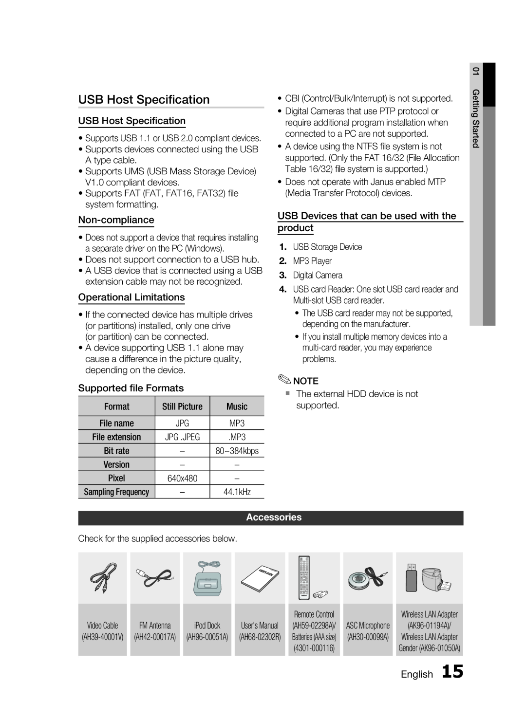 Samsung C6600 USB Host Speciﬁcation, Non-compliance, Operational Limitations, Supported ﬁle Formats, Accessories, English 