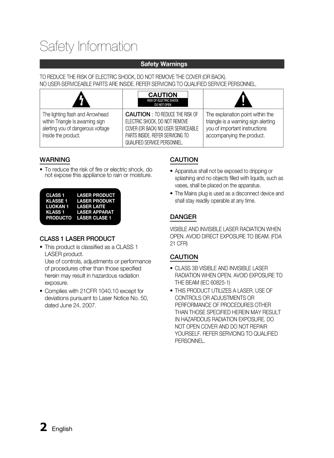 Samsung C6600 user manual Safety Information, Safety Warnings, CLASS 1 LASER PRODUCT, Danger, English 