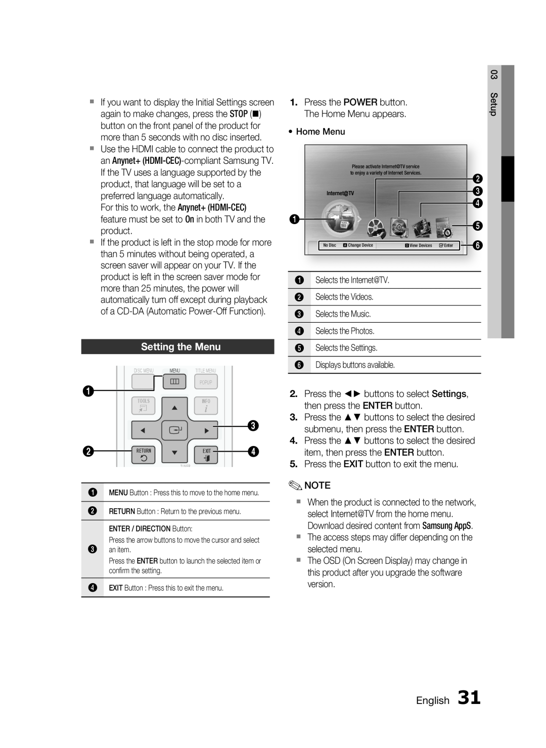 Samsung C6600 user manual Setting the Menu, English 