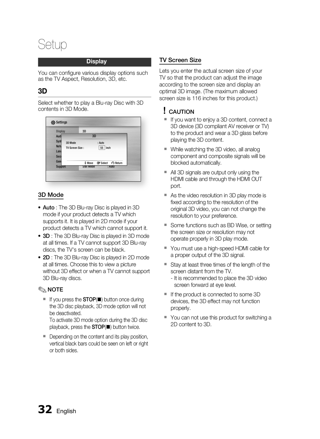 Samsung C6600 user manual Display, 3D Mode, TV Screen Size, English, Setup 