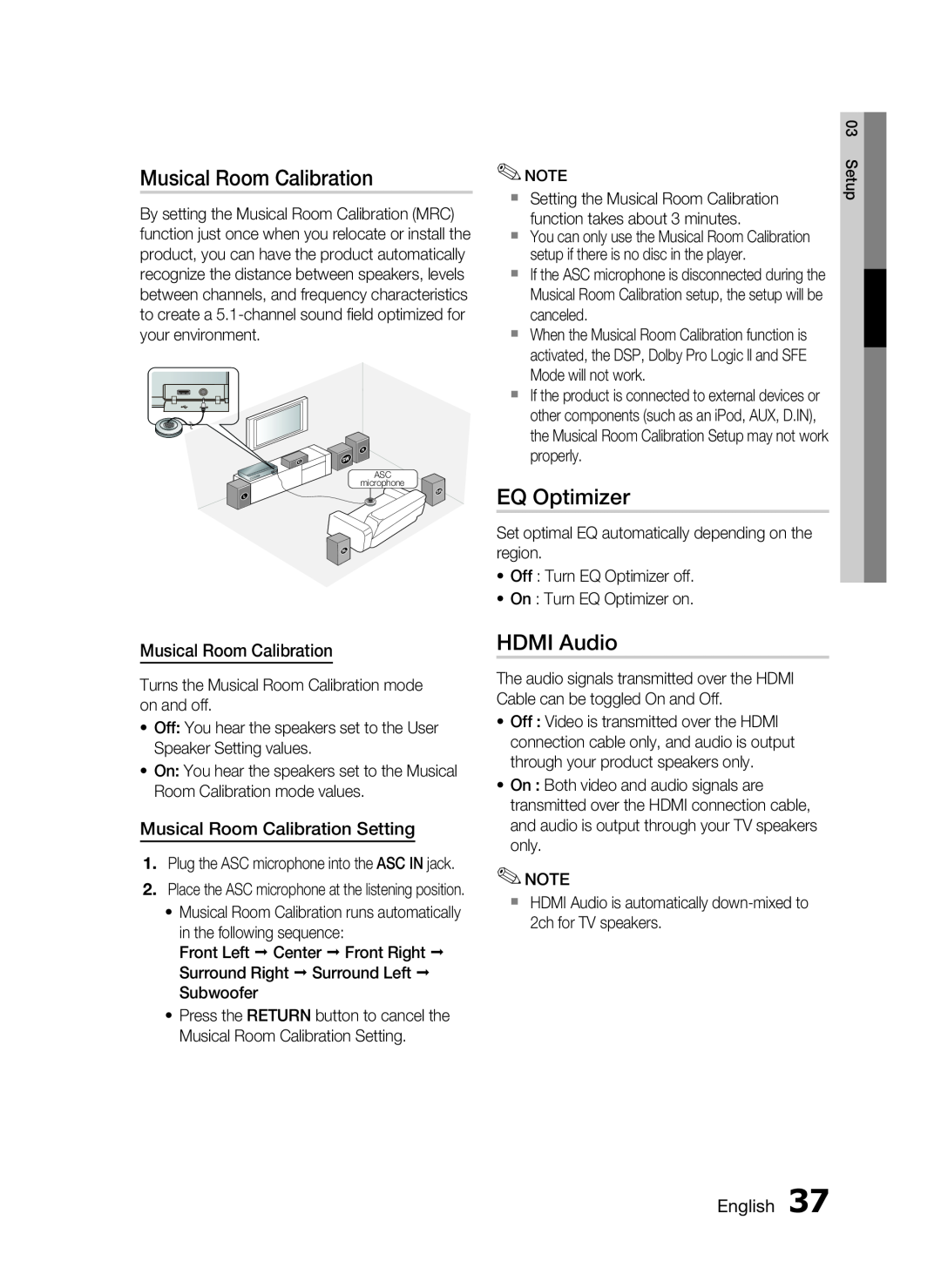 Samsung C6600 user manual EQ Optimizer, HDMI Audio, Musical Room Calibration Setting, English 