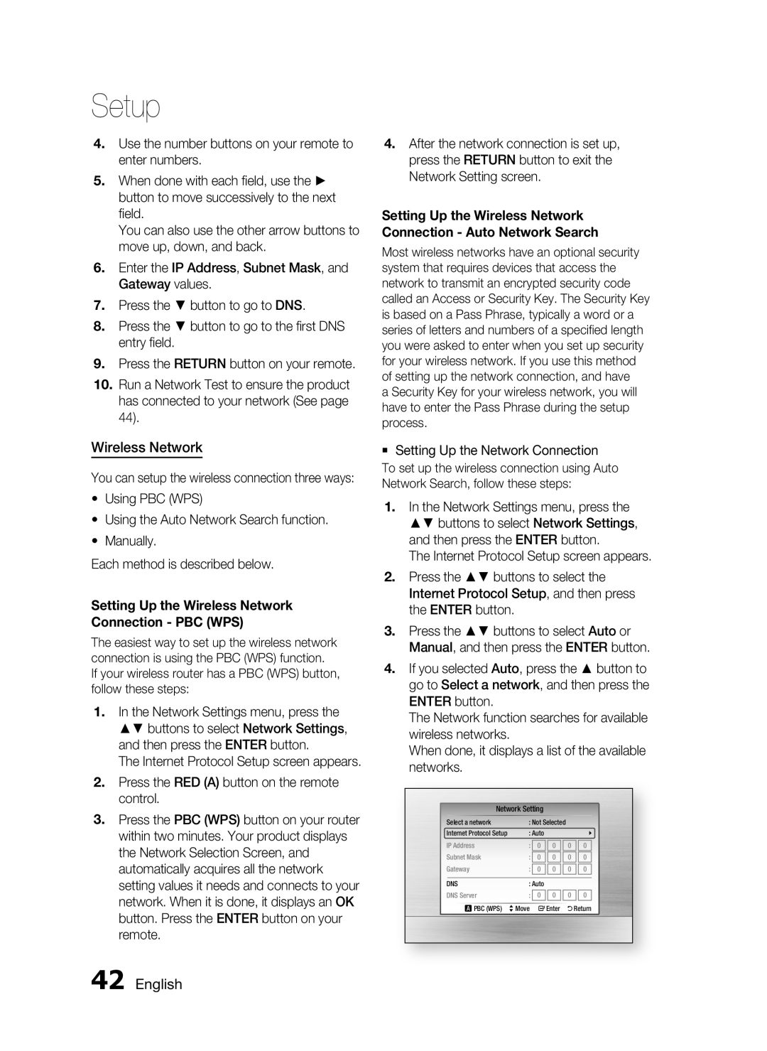 Samsung C6600 user manual English, Setup, Setting Up the Wireless Network, Connection - PBC WPS 