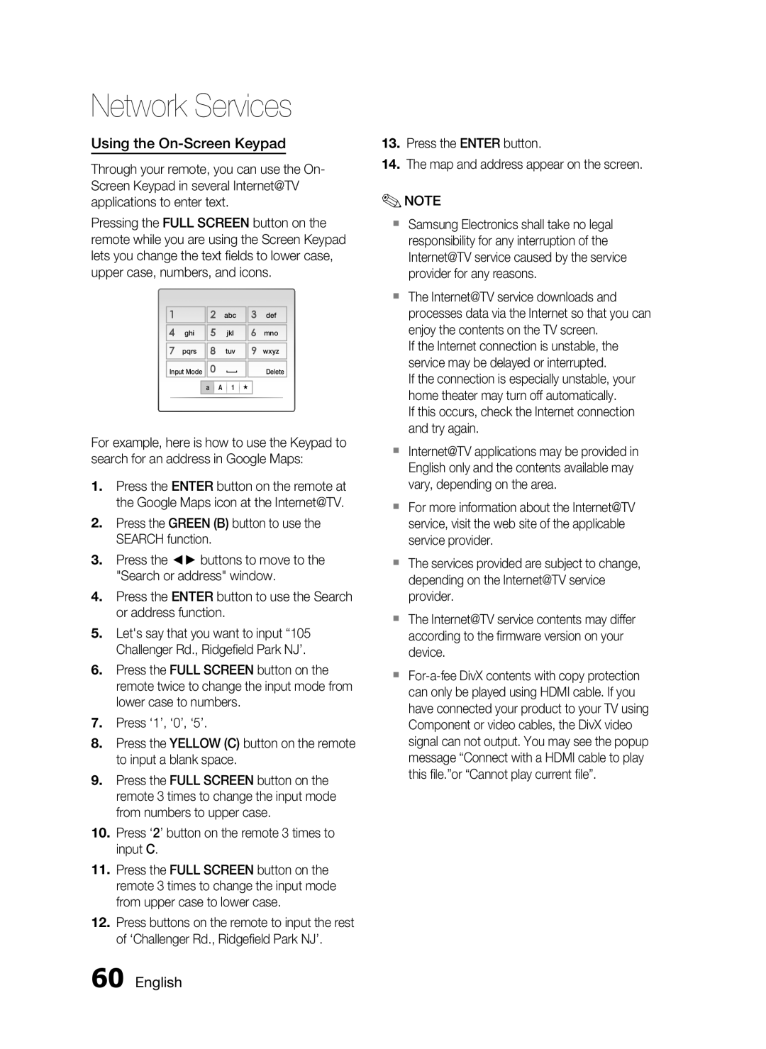 Samsung C6600 user manual Using the On-ScreenKeypad, English, Network Services 