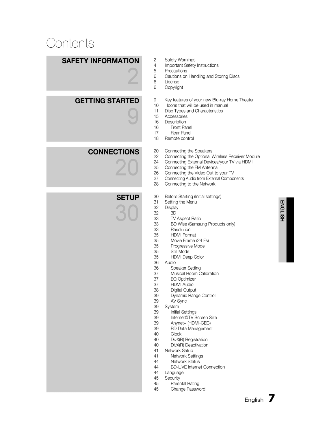 Samsung C6600 user manual Contents, Getting Started, Connections, Setup, Safety Information, English 