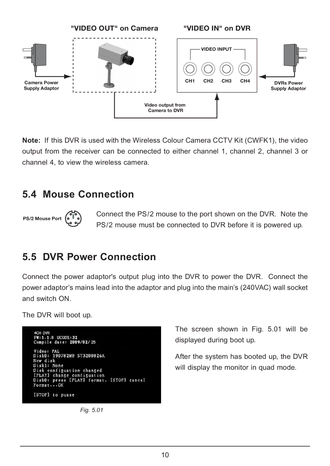 Samsung CA7 operating instructions Mouse Connection, DVR Power Connection 