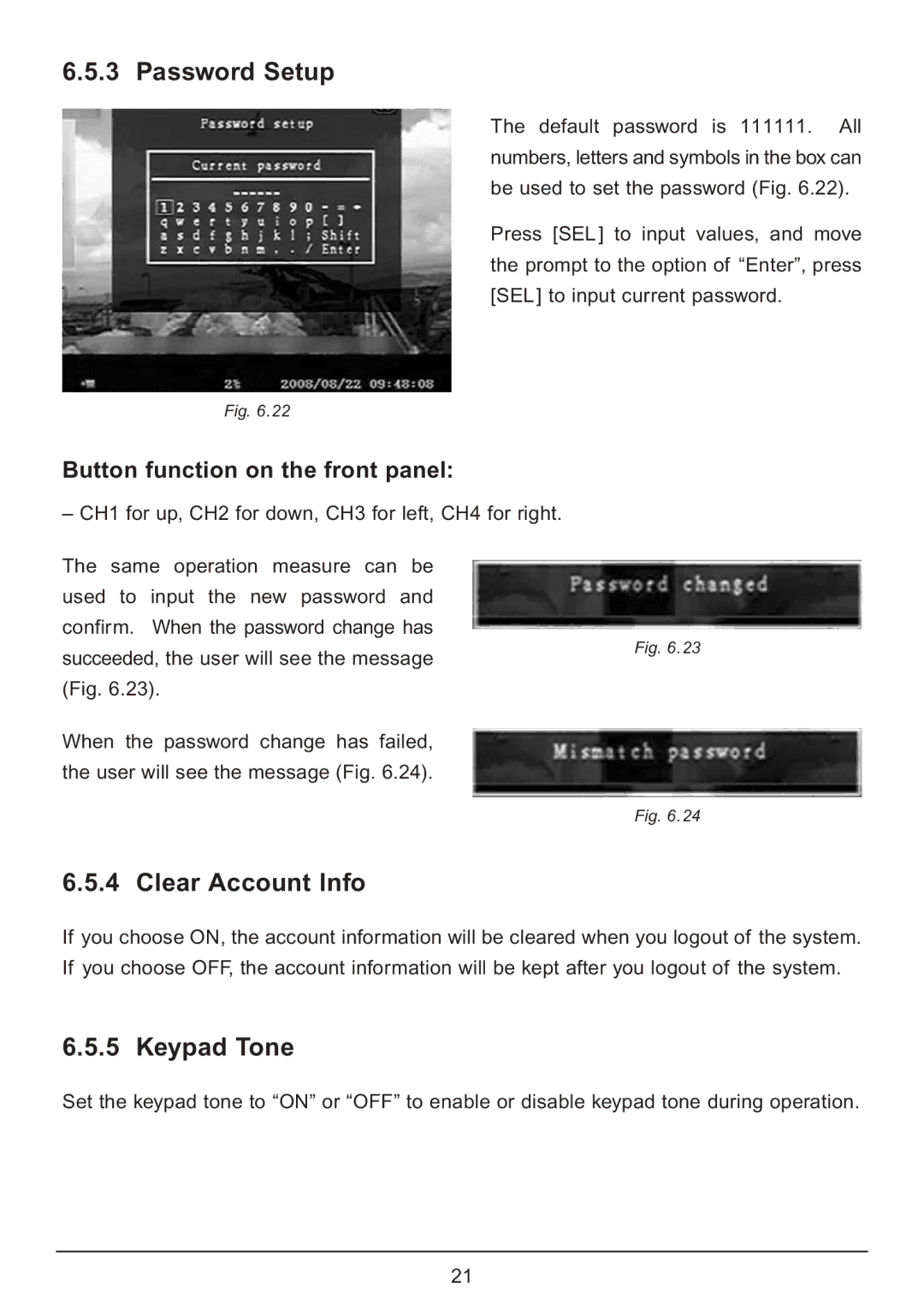 Samsung CA7 operating instructions Password Setup, Clear Account Info, Keypad Tone 