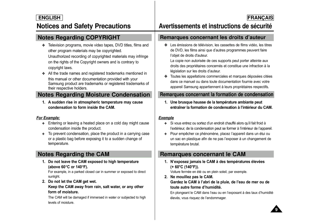 Samsung CAMCORDER manual Remarques concernant le CAM, ’exposez jamais le CAM à des températures élevées + 60C 140F 