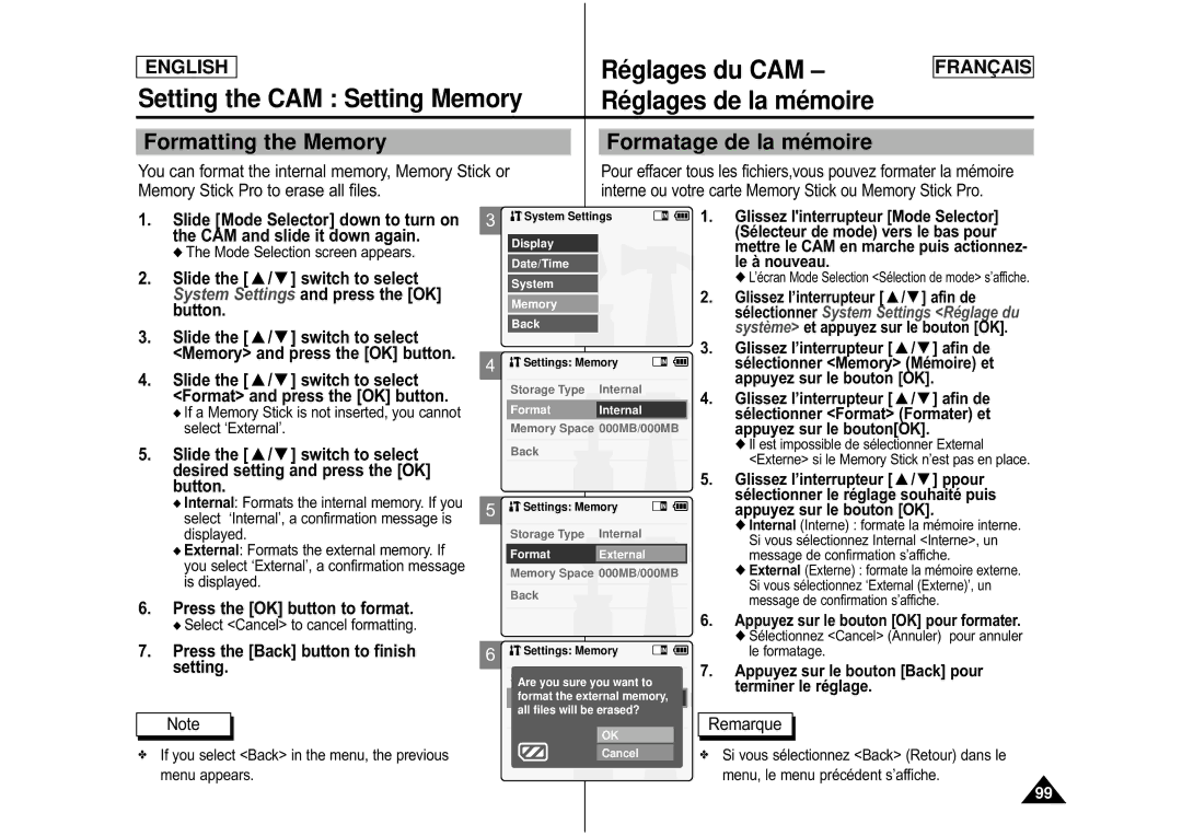 Samsung CAMCORDER manual Formatting the Memory Formatage de la mé moire, Press the OK button to format 