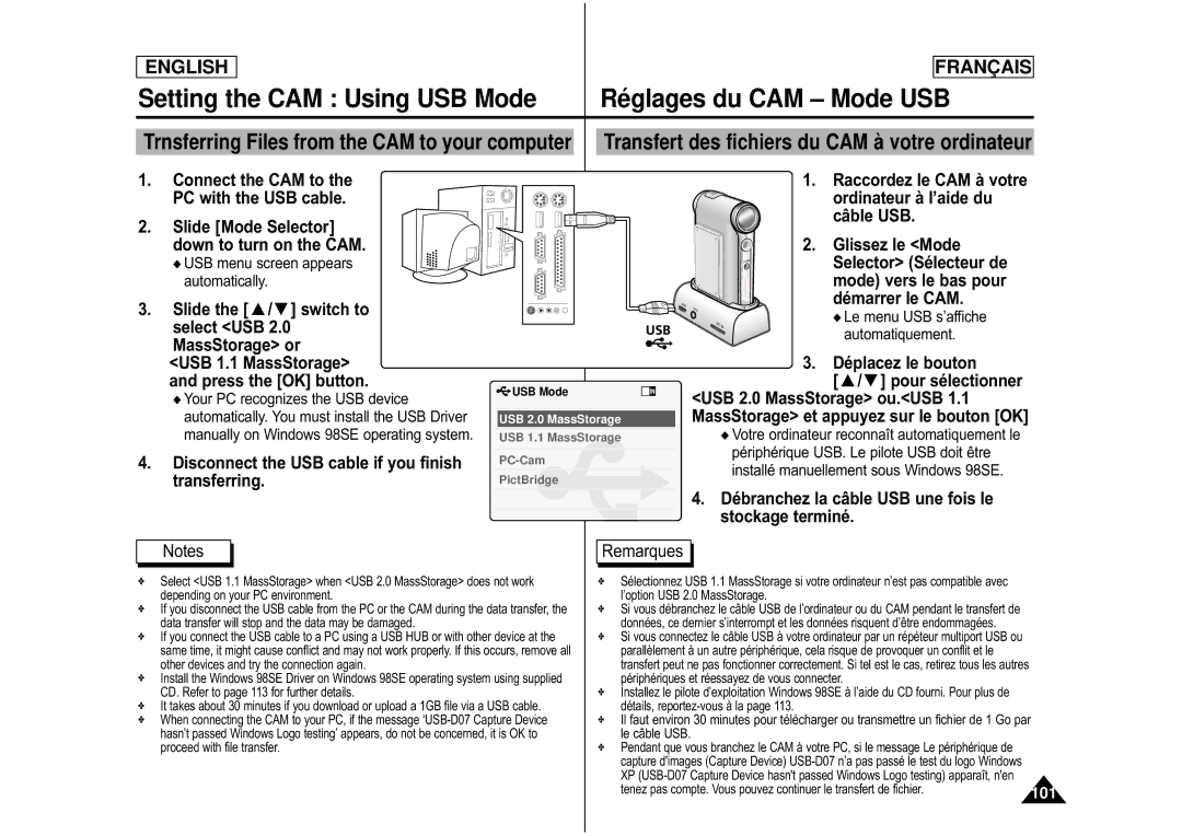 Samsung CAMCORDER manual Setting the CAM Using USB Mode Ré glages du CAM Mode USB, USB menu screen appears automatically 