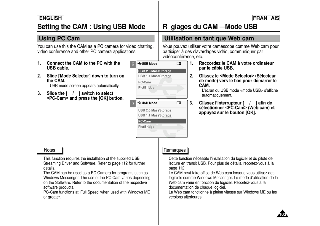 Samsung CAMCORDER manual Using PC Cam, Utilisation en tant que Web cam, USB mode screen appears automatically 