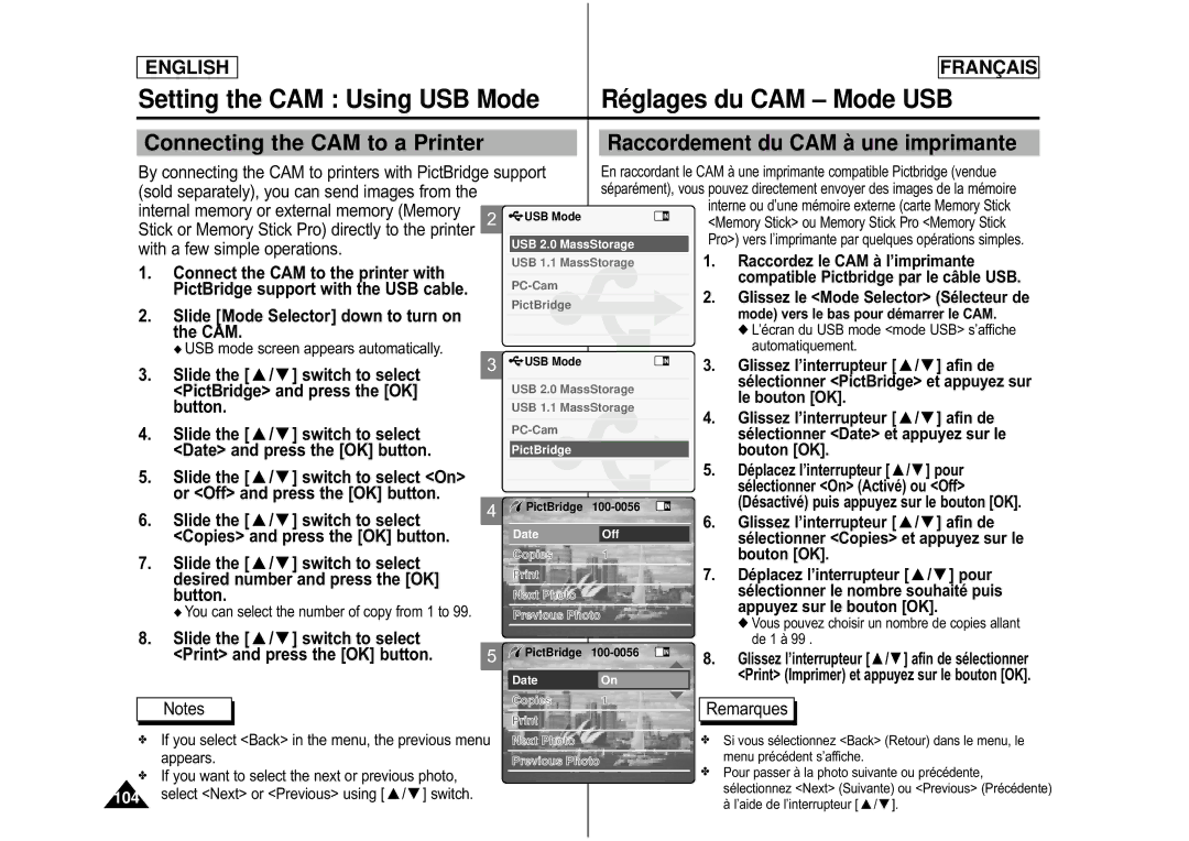 Samsung CAMCORDER manual Connecting the CAM to a Printer, Desired number and press the OK Button, Bouton OK 