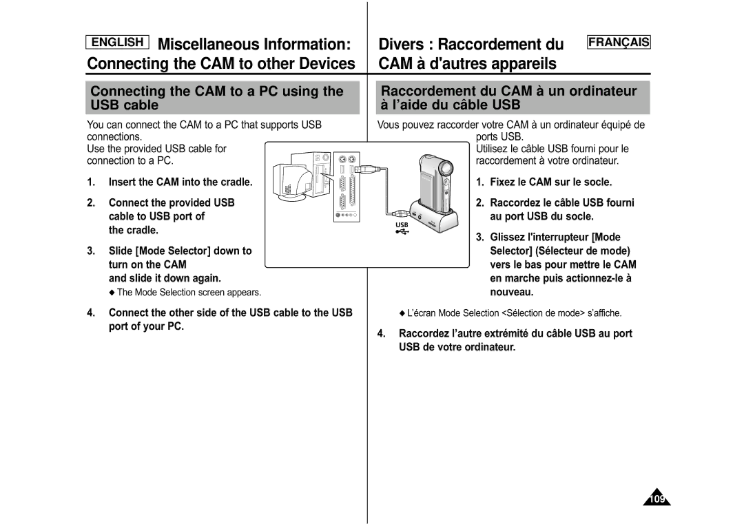 Samsung CAMCORDER manual Connecting the CAM to a PC using the USB cable 