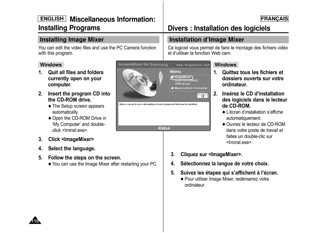 Samsung CAMCORDER Installing Programs Divers Installation des logiciels, Installing Image Mixer Installation d’Image Mixer 