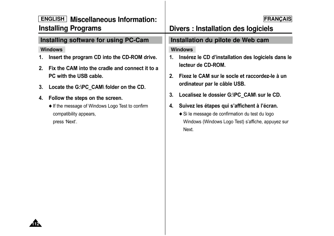 Samsung CAMCORDER manual Installing software for using PC-Cam, Installation du pilote de Web cam 