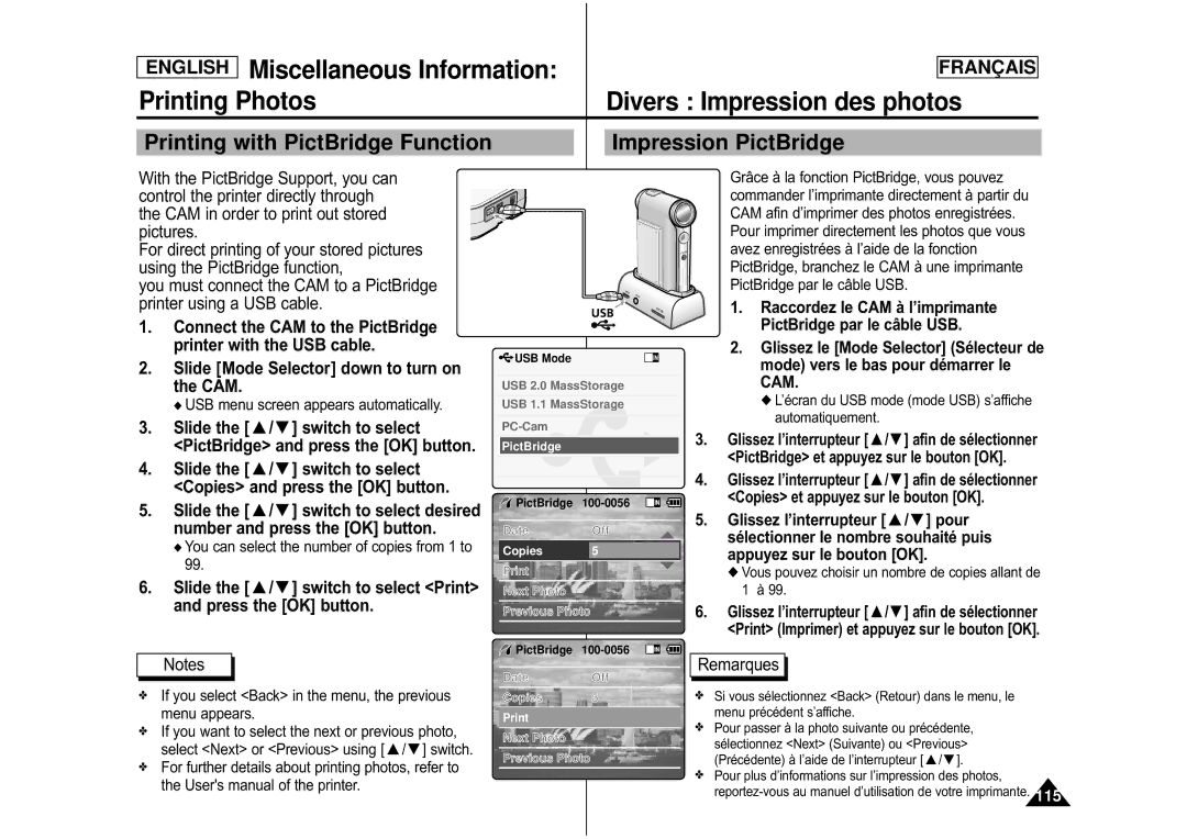 Samsung CAMCORDER Printing Photos Divers Impression des photos, Printing with PictBridge Function Impression PictBridge 