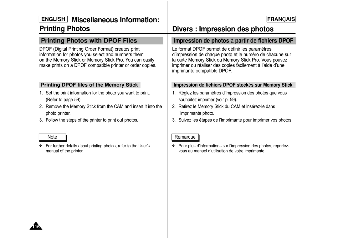 Samsung CAMCORDER manual Printing Photos with Dpof Files, Impression de photos à partir de fichiers Dpof 