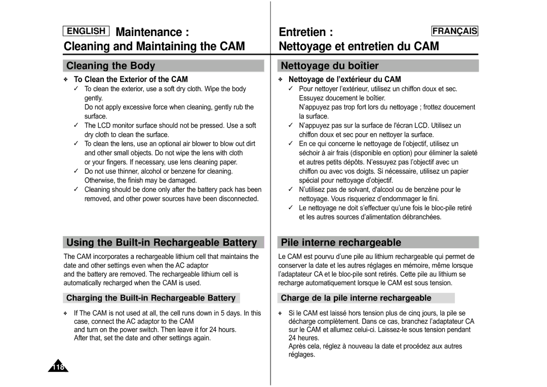Samsung CAMCORDER Maintenance Entretien, Cleaning the Body Nettoyage du boîtier, Using the Built-in Rechargeable Battery 