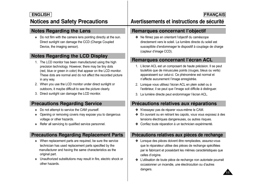 Samsung CAMCORDER manual Remarques concernant l’objectif, Remarques concernant l’écran ACL, Precautions Regarding Service 