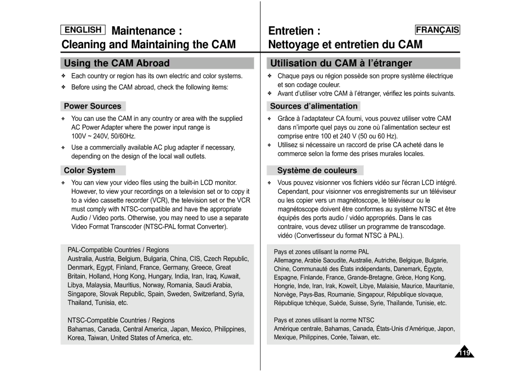 Samsung CAMCORDER manual Using the CAM Abroad Utilisation du CAM à l’é tranger, Power Sources, Sources d’alimentation 