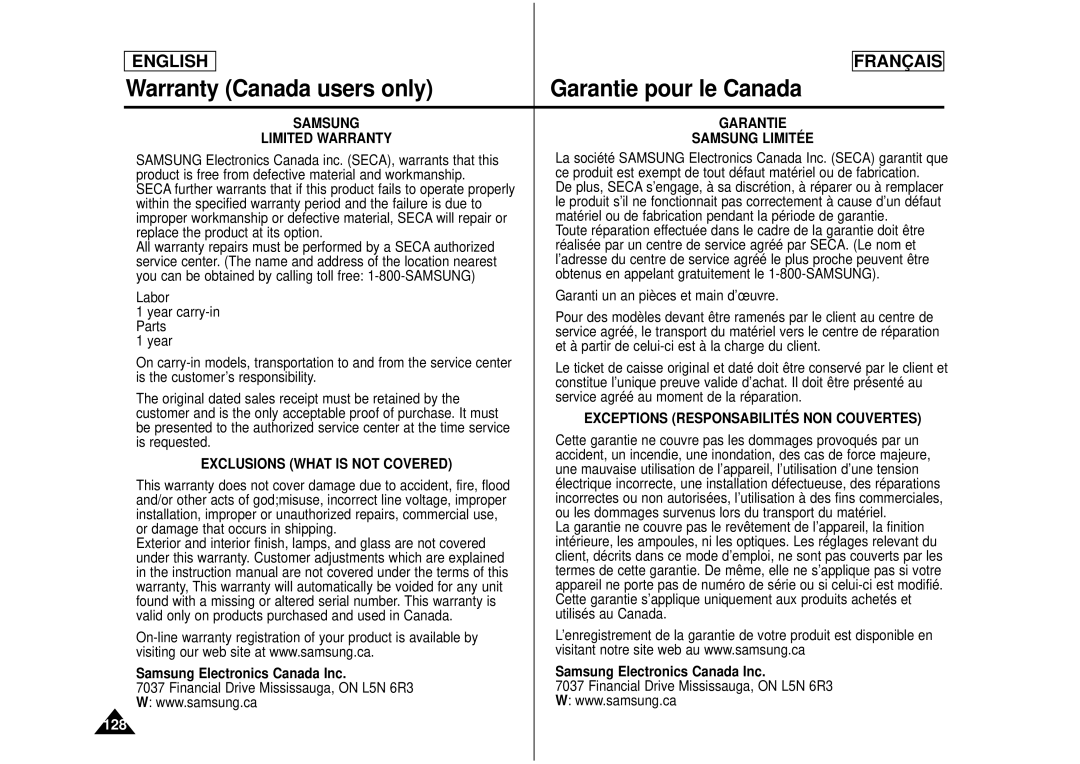 Samsung CAMCORDER manual Warranty Canada users only Garantie pour le Canada 