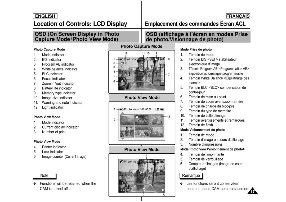 Samsung CAMCORDER manual OSD On Screen Display in Photo, Capture Mode / Photo View Mode De photo/Visionnage de photo 