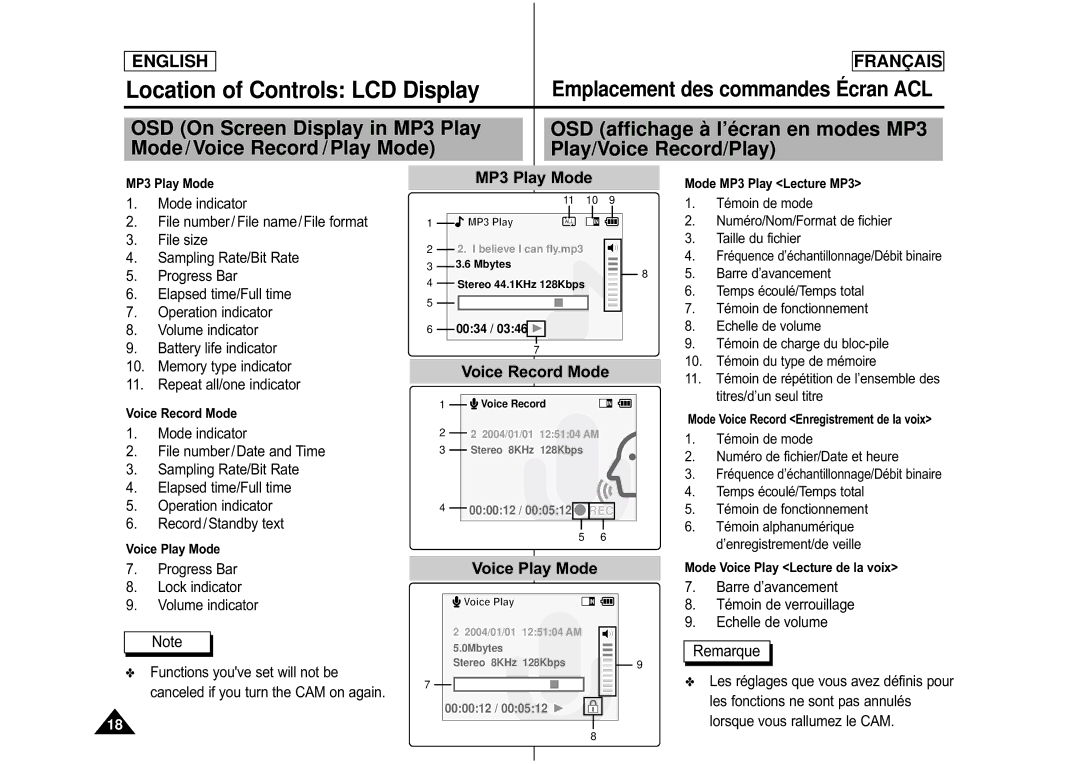 Samsung CAMCORDER manual Témoin de mode Numéro de fichier/Date et heure, Temps écoulé/Temps total Témoin de fonctionnement 