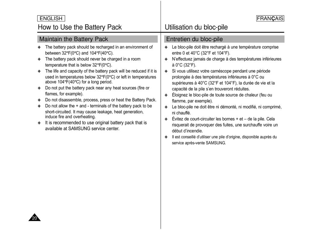 Samsung CAMCORDER manual Maintain the Battery Pack, Entretien du bloc-pile 