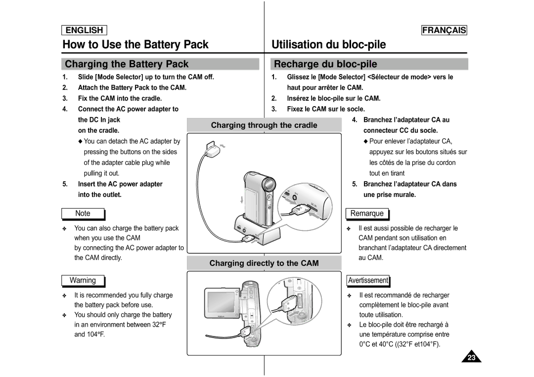 Samsung CAMCORDER manual Charging the Battery Pack, Recharge du bloc-pile, Insert the AC power adapter into the outlet 