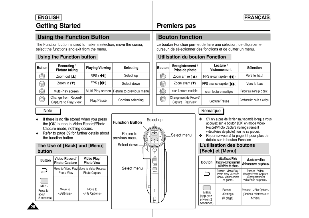 Samsung CAMCORDER Using the Function Button Bouton fonction, Using the Function button Utilisation du bouton Fonction 