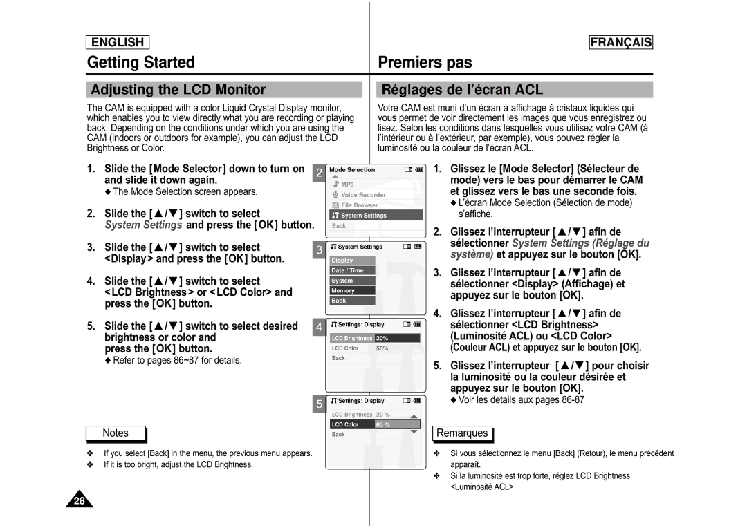 Samsung CAMCORDER manual Adjusting the LCD Monitor Ré glages de l’é cran ACL, Couleur ACL et appuyez sur le bouton OK 