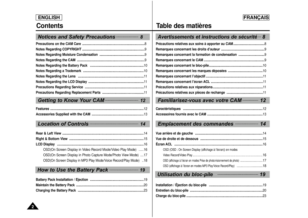 Samsung CAMCORDER manual Contents Table des matières 