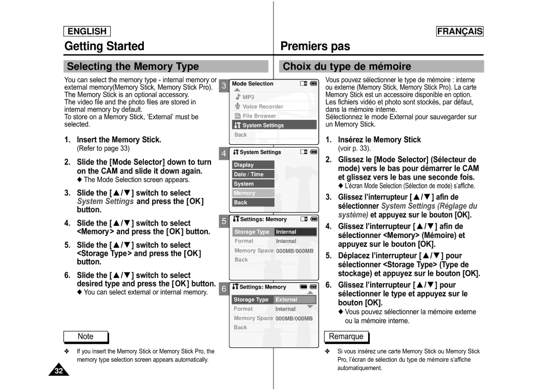 Samsung CAMCORDER Selecting the Memory Type Choix du type de mé moire, Insert the Memory Stick, Insérez le Memory Stick 