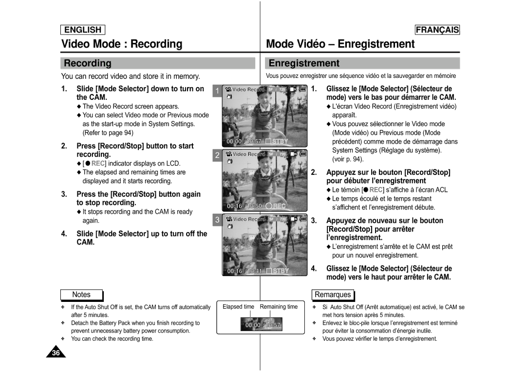 Samsung CAMCORDER manual Video Mode Recording Mode Vidéo Enregistrement 