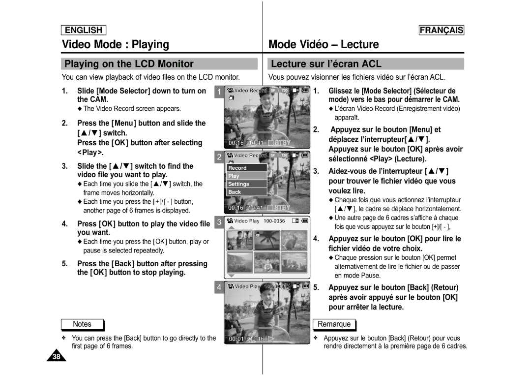 Samsung CAMCORDER manual Video Mode Playing Mode Vidé o Lecture, Playing on the LCD Monitor Lecture sur l’é cran ACL 