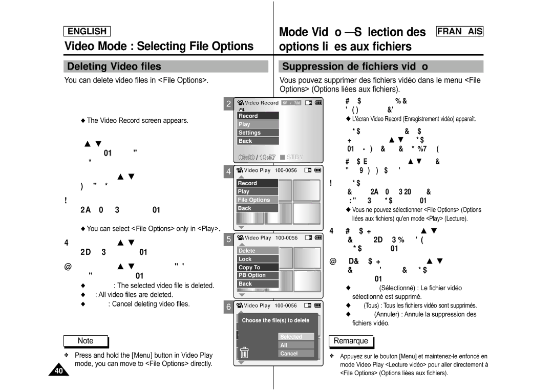 Samsung CAMCORDER manual Mode Vidé o Sé lection des, Deleting Video files Suppression de fichiers vidé o 