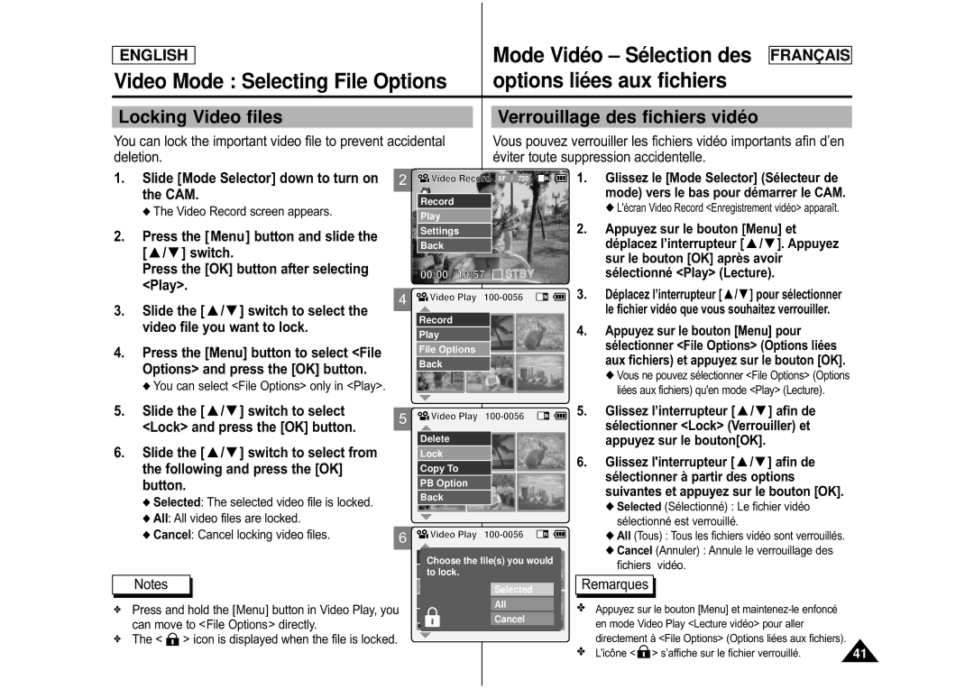 Samsung CAMCORDER Locking Video files Verrouillage des fichiers vidé o, Slide Mode Selector down to turn on 2 the CAM 