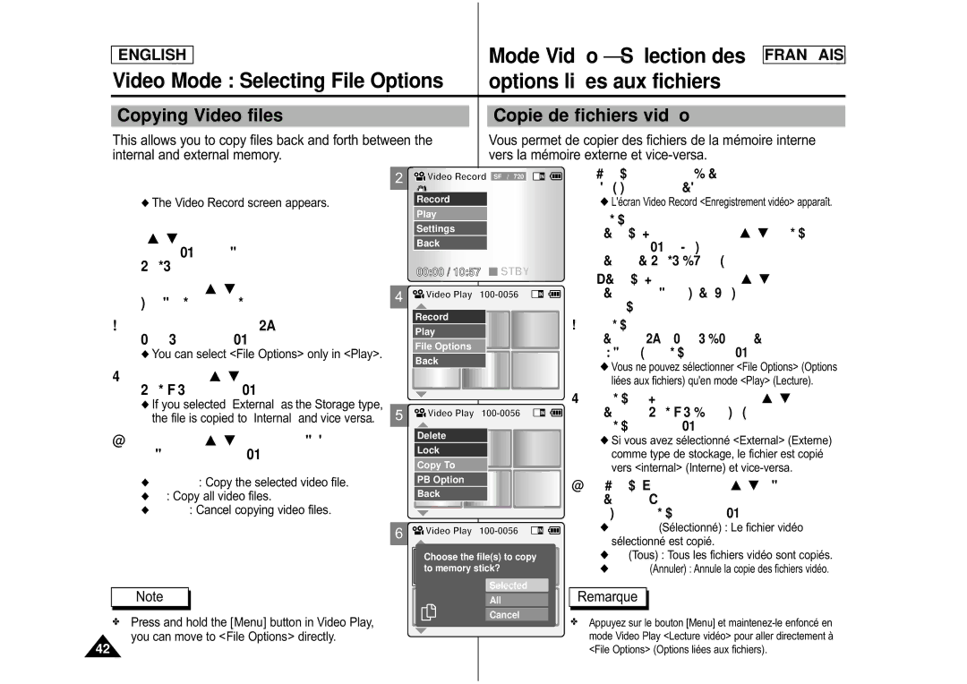 Samsung CAMCORDER manual Copying Video files Copie de fichiers vidé o 