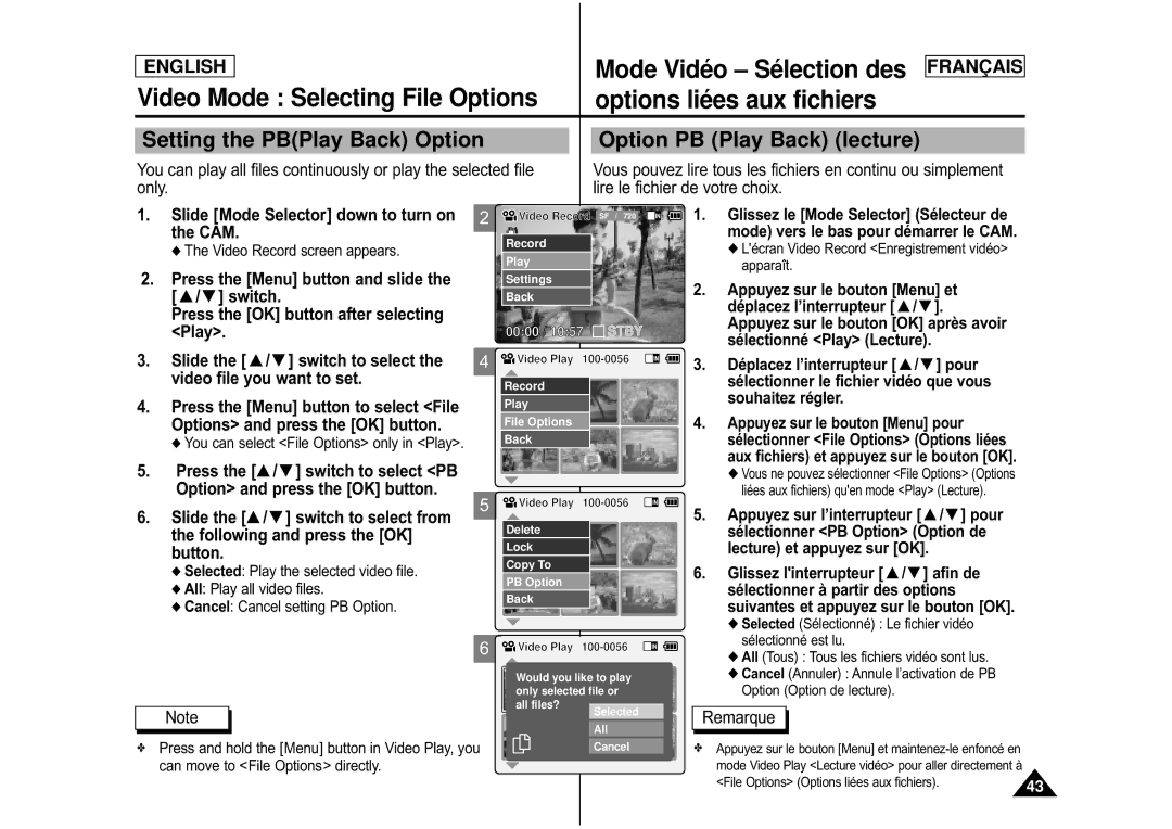 Samsung CAMCORDER manual Video Mode Selecting File Options, Setting the PBPlay Back Option Option PB Play Back lecture 